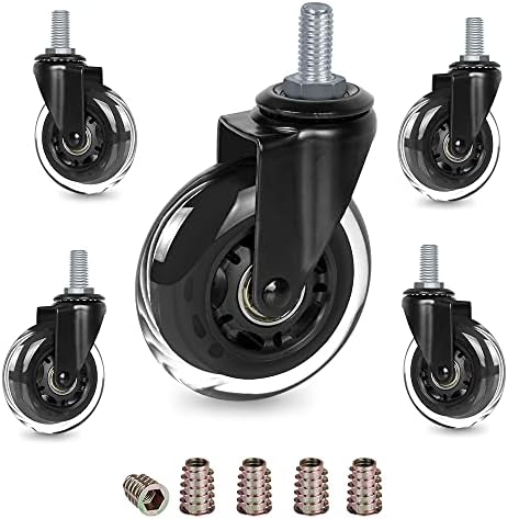 8T8 3" Office Chair Caster Wheels Heavy Duty, Set of 5, 3/8"-16x1 (Not Metric M10), Threaded Stem Casters with Set Screw, Replacement PU Rubber Wheels, Safe for Hardwood Tile Floors