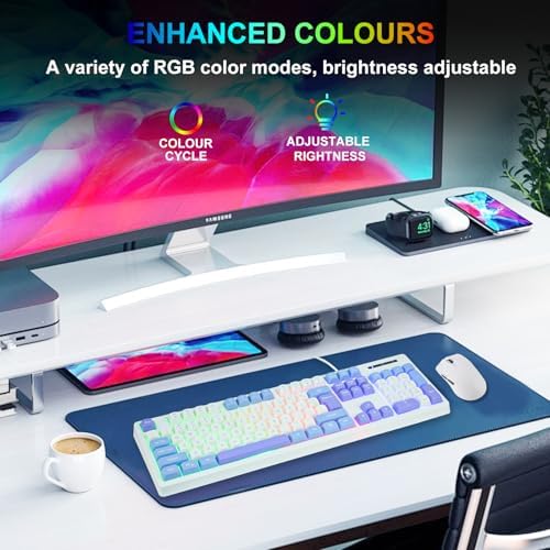 HUO JI Wired Gaming Keyboard with Rainbow LED Backlit, White Blue