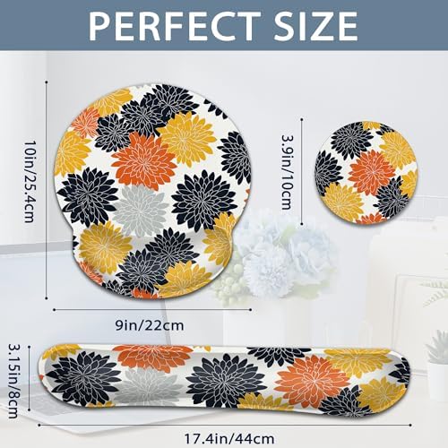 Keyboard Wrist Rest Pad Ergonomic Mouse Pad Set,Vintage Orange Black Dehlia Flowers 3 in 1 Memory Foam Mouse Pad with Non Slip Base for Office and Home