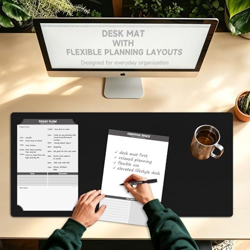 Leather Desk Pad Protector, Large Office Faux Leather Desk Mat, Non-Slip Large Mouse Pad, Flexible Desktop Dry Erase Planning Sheets Included - 16"x34" Obsidian Black