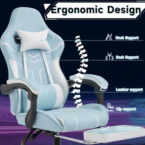 Blue Ergonomic Gaming Chair for Adults with Footrest and Massage