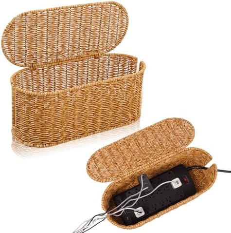 Cable Management Box, Handmade Rattan Cord Organizer for Power Strip