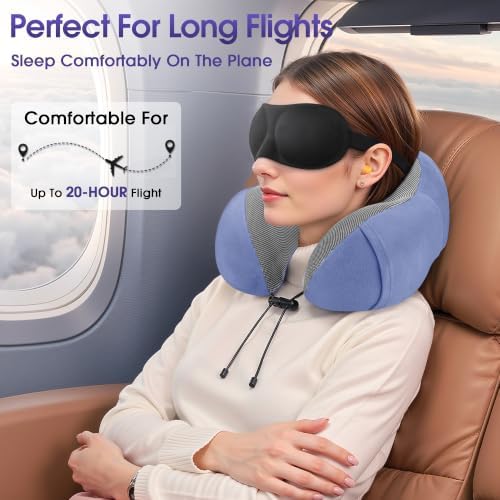 CloudBliss Memory Foam Travel Neck Pillow Airplane, 2 Pack, Black & Blue
