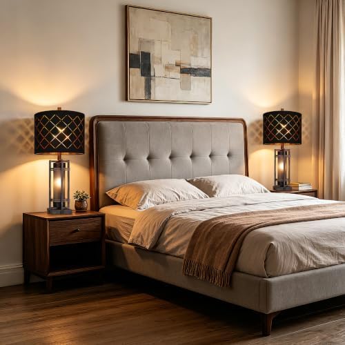 WIHTU 27'' Modern Table Lamp with Nightlight, Metal Bedside Lamps,Black ORB