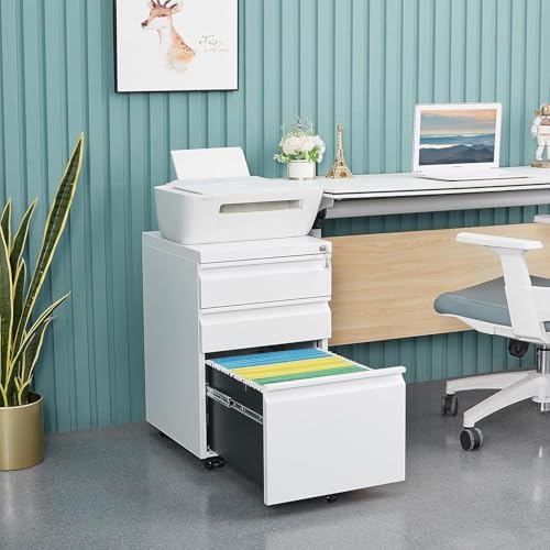 Guizeeopo 3 Drawer File Cabinet with Lock, File Cabinets for Home Office,Under Desk Cabinet, Locking File Cabinet for A4/Letter/Legal, Fully Assembled Expect Casters, Matte White