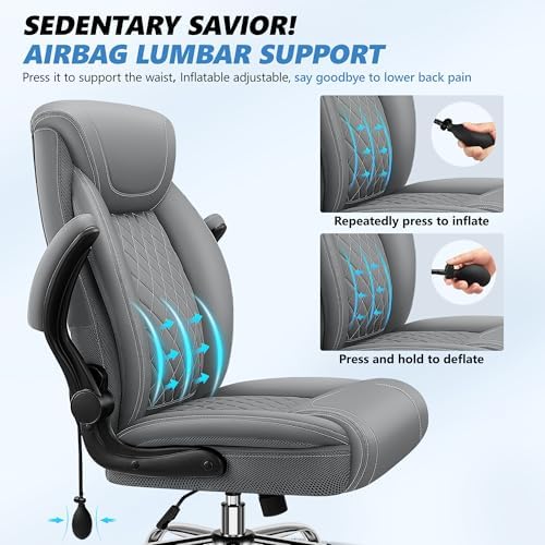 BestGlory Executive Office Chair with Lumbar Support, Big and Tall Ergonomic Computer Desk Chair, Leather Comfy High Back Gaming Chair with Flip Up Arms & Rocking Function for Home Office, Gray
