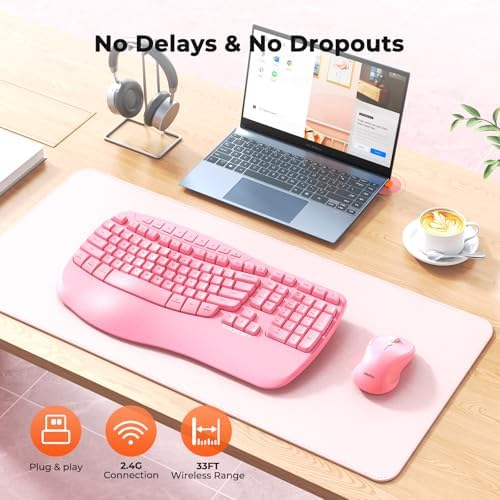 MEETION Ergonomic Wireless Keyboard and Mouse Combo with Wave Keys, Pink