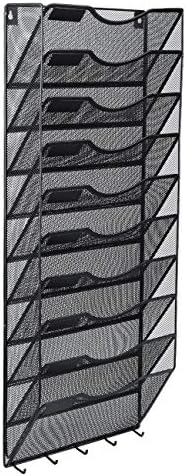 EasyPAG 10 Pocket Mesh Wall File Organizer with Key Hooks, Hanging Paper Folder Holder with Classify Label, Vertical Wall Mount Mail Organizer for Office Home Classroom, Black