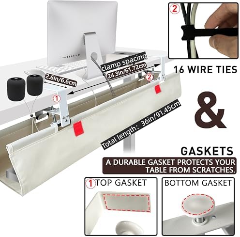 Under Desk Cable Management No Drill – 36" L x 6" W Cord Organizer, Upgraded Silicone Pads (No Scratch), 16 Cable Slots, Washable PE Honeycomb Base, Fits Desks 0–2.1" Thick, Beige