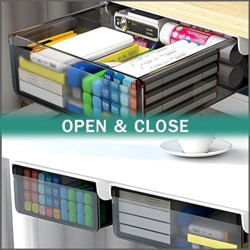 SVNNELP Under Desk Table Drawer Storage Organizer Slide Out, Attachable Hidden Self-Adhesive Under Desk Pencil Tray Drawer for Office/Classroom/Home (Clear Black/M)