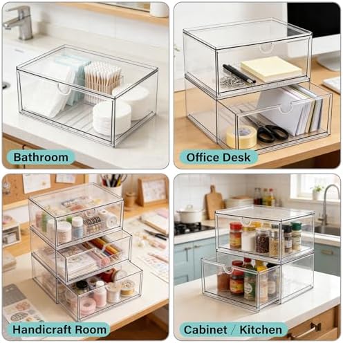 Prsildan Acrylic Makeup Organizer, 3 Pack Stackable Clear Storage Drawers for Baby Bottles Desk Organizers with 3 Drawers for Countertop Vanity Nursery Modular System for Cosmetics Jewelry