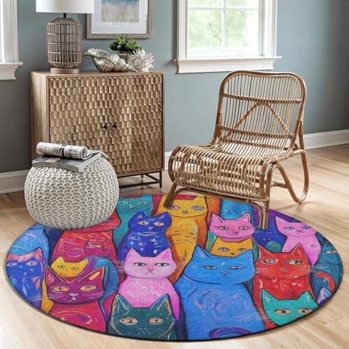Large Round Area Rug Home Decor Modern Bathroom Rug Kitchen Office Circle Rug for Living Room Sofa Circle Cute Mat Colorful Cats Art, 60inch