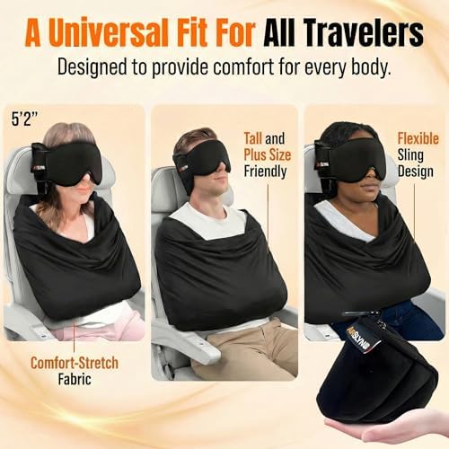 2 Pack 3-in-1 Airplane Sleep Support System - Plane Sleeping Accessories with Memory Foam Long Haul Flight Pillow, Adjustable Travel Eye Mask, and Blanket-Like Body Sling - Fits in Carry On