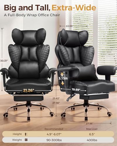 COMHOMA Big and Tall Office Chair Heavy Duty Gaming Chair with Deluxe Embossing Leather High Back Wider Ergonomic Computer Chair with Foot Rest 145°Reclining Pocket Spring Lumbar Support