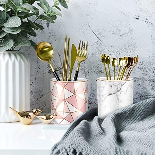 Pen Holder for Desk Cute, Modern Marble Desk Organizer, Durable Ceramic Pencil Cup, Makeup Brush Holder Cup, Multifunctional Office Stationery Holder for Women, Men, White Marble