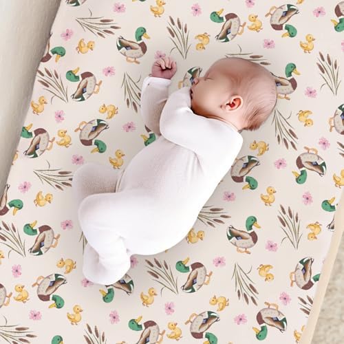 Cartoon Mallard Duck Flowers Floral Leaves Baby Changing Pad Cover, Unisex Duck Nursery Diaper Changing Table Pad Mat Sheet for Boys Girls-16x32