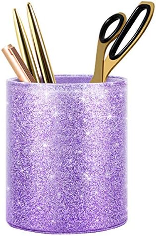Pen Holder for Women Girls, Pencil Cup Desk Glitter Sturdy Makeup Brush Holder Large Pu Leather Luxury Multi-Functional Organizer Cup for Office, Classroom, Home, Purple