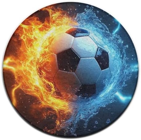 Men's Large Home Decor Mat, Soft Round Yoga Carpet, Non Slip Machine Washable Home Office Circle Rug Water Fire Flame Football Soccer Ball Sport