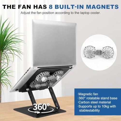 Laptop Cooling Stand with 2 Detachable Fans, 360° Rotating Adjustable Laptop Stand, Carbon Steel Ergonomic Laptop Riser, Anti-Slip Base for 10-17.3" Notebook MacBook, Office Home Gaming