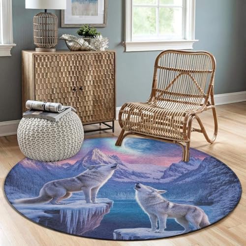 Large Round Area Rug Home Decor Modern Bathroom Rug Kitchen Office Circle Rug for Living Room Sofa Circle Cute Mat Snow Full Moon Wolves Pink Art, 60inch