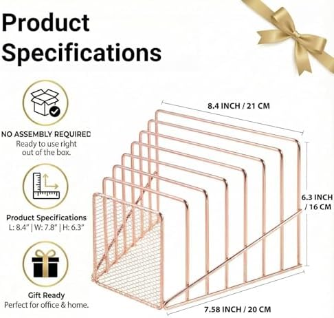 Rose Gold Desk Organizer 7 Slot Inclined Vertical File Folder Holder Sorter with Mesh Front – Metal Wire Rack for Mail, Slim Binders, Books Office Organization & Desktop Accessories