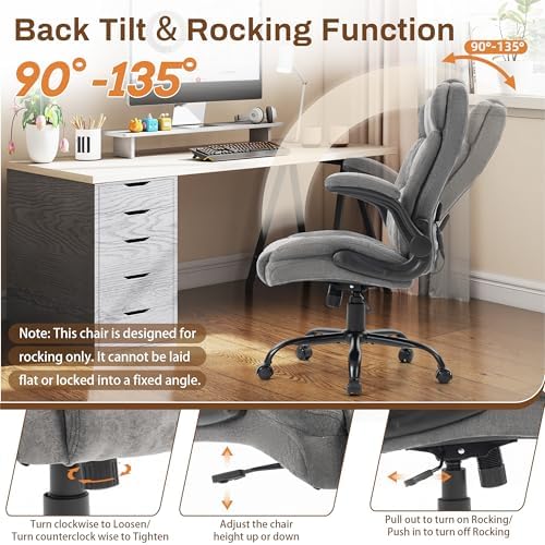 Massage Office Chair, 500LBS Ergonomic Rocking Executive Desk Chairs with 4 Points Vibration&Heat,Padded Flip-up Armrests for Big and Tall Office Chair,Swivel Computer Chair Thicken Back,Grey