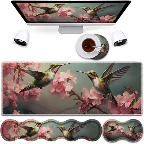 4 in 1 Mouse Pad Combo, Large Gaming Mouse Pad + Keyboard Wrist Support + Mouse Wrist Rest + Coaster, Table Pad 31.5 "x 11.8" with Memory Foam Ergonomic Wrist Pad Set, Hummingbird Flowers