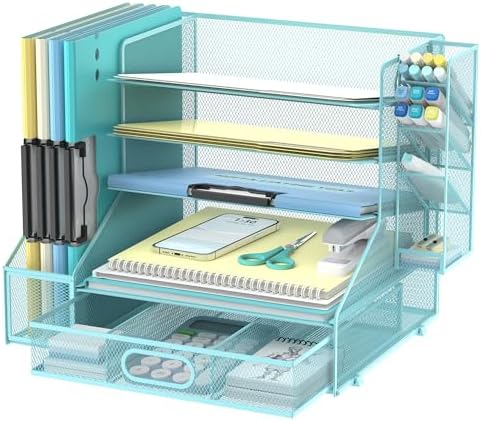 5-Tier Desk Organizer with File Holder & Pen Holder & Sliding Drawer, Blue