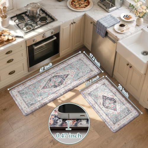 KIMODE Farmhouse Kitchen Mats, Anti Fatigue Kitchen Rugs Sets of 2 Blue