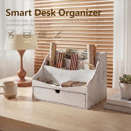 Rebee Vision Mail Organizer for Desk with Drawer for Home Decor, Whitewash