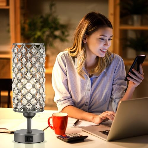 Gray Crystal Bedside Lamp, Nightstand Lamp for Bedroom (Bulb included)