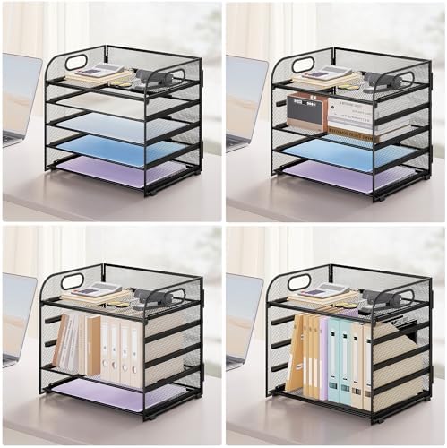Paper Organizer Letter Tray with Handle Mesh 5 Trays-Black 2 Pack