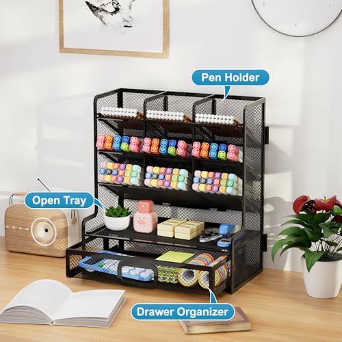 Marbrasse Larger Mesh Desk Organizer with Drawer, Multi-Functional Pen Pencil Holder, Easy Assembly, Desk Organizers and Accessories for Office Art Supplies (Black)