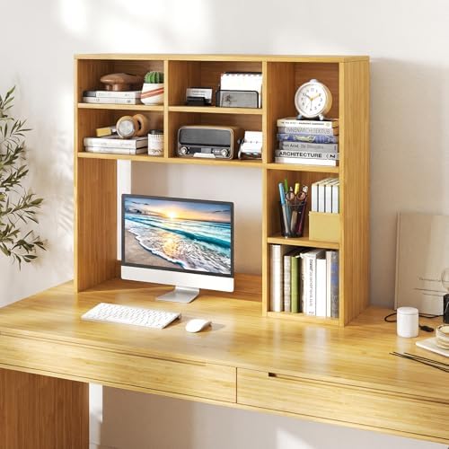 Giantex Desktop Bookshelf, Desk Hutch Dorm w/ 7 Cubes & 3 Adjustable Shelves, Desk Shelf for Up to 27" Computer Monitors, Wooden Desktop Storage Organizer for Dorm College Office Home (Burlywood)