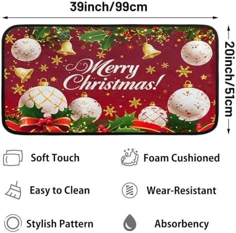 Christmas Door Mat Kitchen Mats, Christmas Merry Red Ball Holly Door Rugs, Cushioned Anti Fatigue Absorbent Kitchen Rug, Non-Slip Standing Desk Mat, Front Door Rug for Floor, Office, Sink, 20"×39"