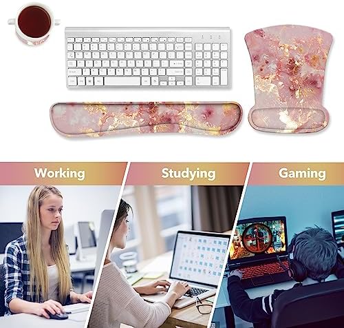 AIMSA Mouse Pad Wrist Support Set Keyboard Wrist Rest, Ergonomic Memory Foam Non-Slip Base Easy Typing Pain Relieve for Computer Laptop Home Office, Pink Gilt Marble