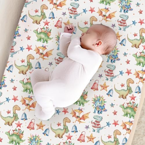 Cute Watercolor Christmas Theme Dinosaur Stars Pattern Baby Changing Pad Cover, Unisex Christmas Nursery Diaper Changing Table Pad Mat Sheet for Boys Girls-16x32