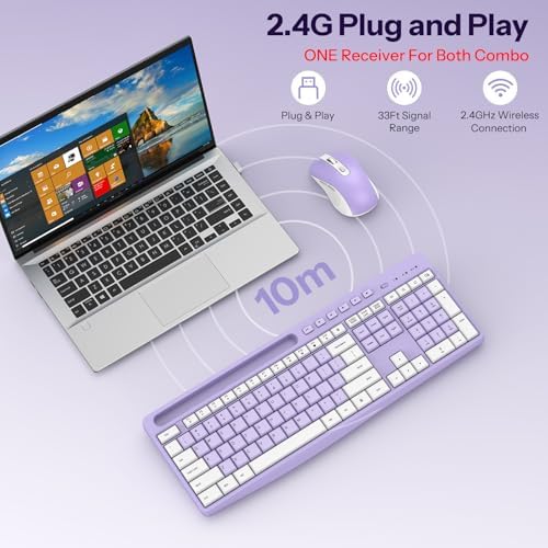 OMOTON Purple Wireless Keyboard and Mouse Combo, Built-in Phone Holder