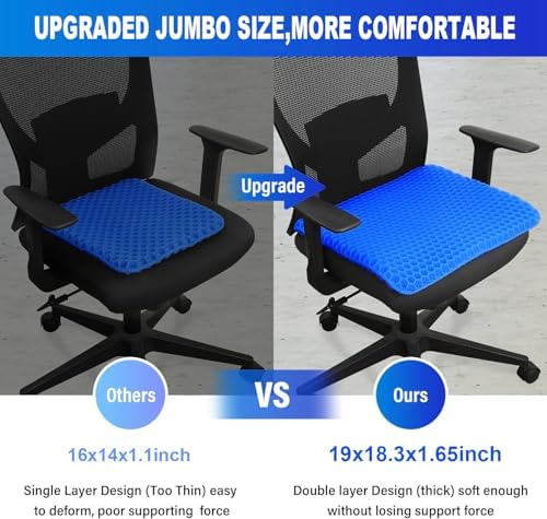 Gel Seat Cushion for Long Sitting Pressure Relief(Super Large & Thick) - Gel Cushions for Office Chairs - Tailbone Pain Relief Cushion, Sciatica & Back Support, Wheelchair Cushions & Car Seat Cushion