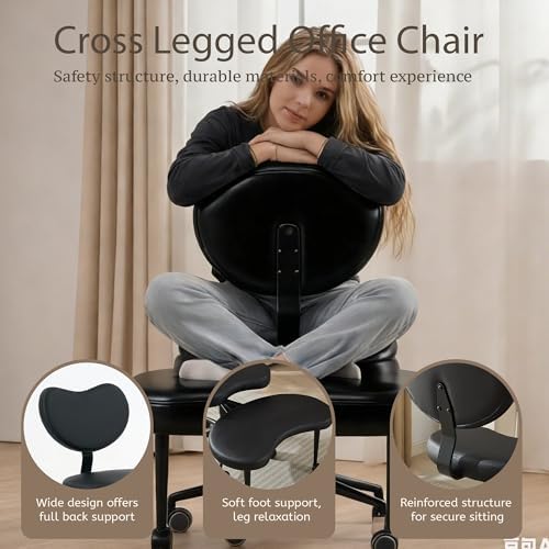 Ergonomic Cross Legged Chair, Meditation Chair Plus with 360° Swivel Wheels for ADHD/Fidgety Sitters, Height Adjustable & Lumbar Support, Black PU, Chic Home Office Furniture