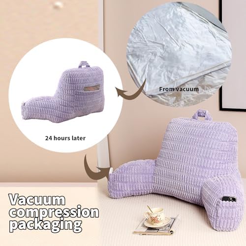 Large Reading Pillow for Sitting Up with Arms,Purple Corduroy