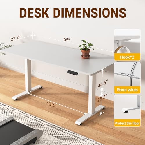 Veken 63×27.6 Inch Large Electric Standing Desk, Gaming Table, White