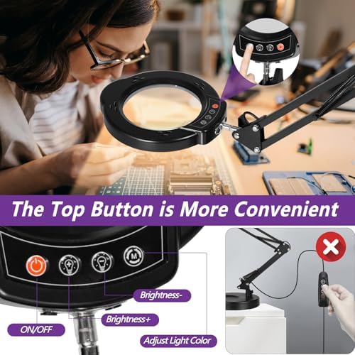 12X Magnifying Glass with Light and Stand, 5 Color Modes 10 Stepless Dimmable, Real Glass 84 LED Lighted Magnifying Glass with Swing Arm, Magnifying Lamp for Crafts Reading Painting Sewing Close Work