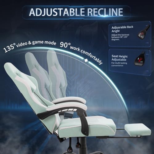 Video Gaming Chair, Ergonomic Office Chair with Footrest, Lumbar Support and Linkage Armrests, Swive Home Video Game Chairs for Adults, Mint Green