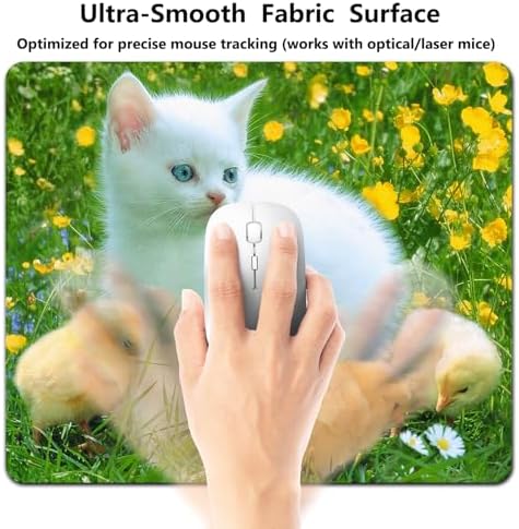 9.5x7.9 Inch Office/Gaming Mouse Pad, Lovely White Kitten and Chicks in a Blooming Meadow Adorable Pets Funny Scene Cute Anti-Slip Mat for Desk