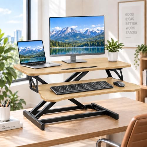Standing Desk Converter, Adjustable Dual Monitor Riser, Natural