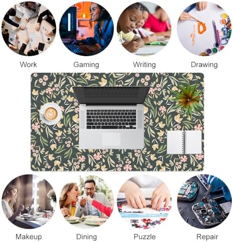 Faux Leather Large Mouse Pad, Office Desk Mat, 23.6"x13.8", Ditsy Floral