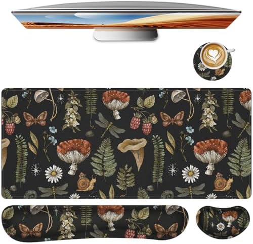 Mouse Pad Set Large Desk, Desk Matt for Desktop with Wrist Rest,Anti-Slip XXL Big Computer Ergonomic Mousepad with Wrist Support for Keyboard and Mouse(Plant)
