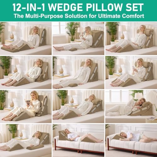 4PCS Wedge Pillow Set for After Surgery, Orthopedic Bed Wedge Pillow for Back Pain Relief, Sitting Up in Bed, Acid Reflux, Adjustable Post Surgery Pillows for GERD, Snoring, Brown