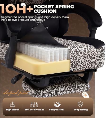 GTPLAYER Gaming Chair with Leopard Print Cat, Cute Velvet Fabric Ergonomic Office Chair with Footrest Headrest and Lumbar Support, Big and Tall Comfortable Video Gamer Chair for Women Gift